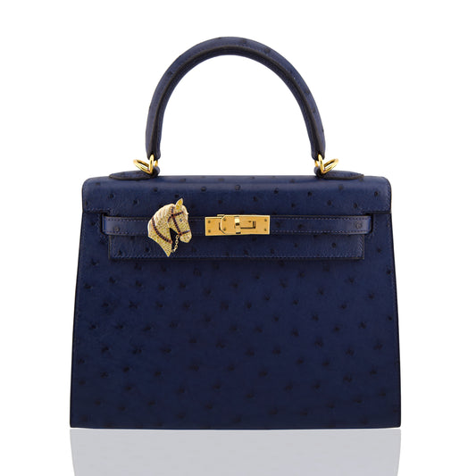 Navy blue handbag with gold hardware on a white background, collection-preview