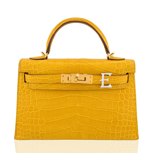 Yellow crocodile skin handbag with gold hardware on a white background, collection-preview