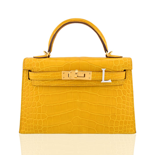 Yellow crocodile skin handbag with gold hardware on a white background, collection-preview