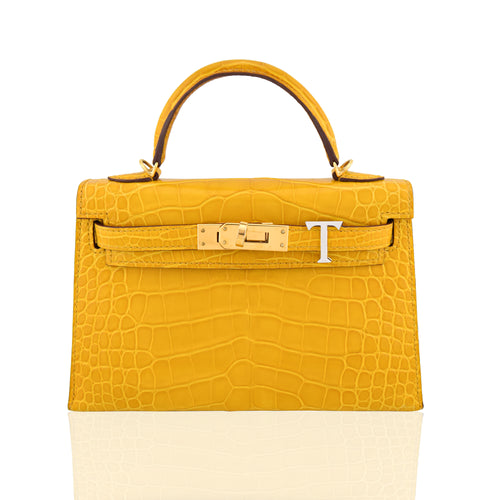 Yellow crocodile skin handbag with gold hardware on a white background, collection-preview