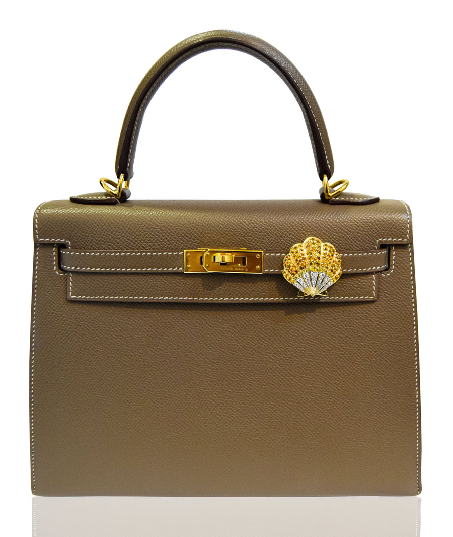 Brown handbag with gold clasp and emblem on a white background, collection-preview