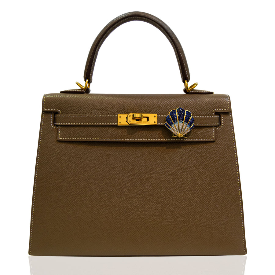 Brown handbag with a gold clasp and decorative element on a white background, collection-preview