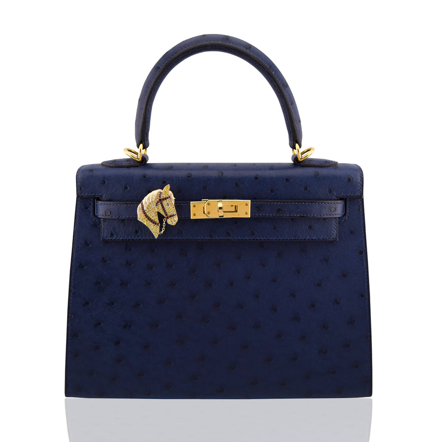 Navy blue handbag with gold hardware on a white background, collection-preview