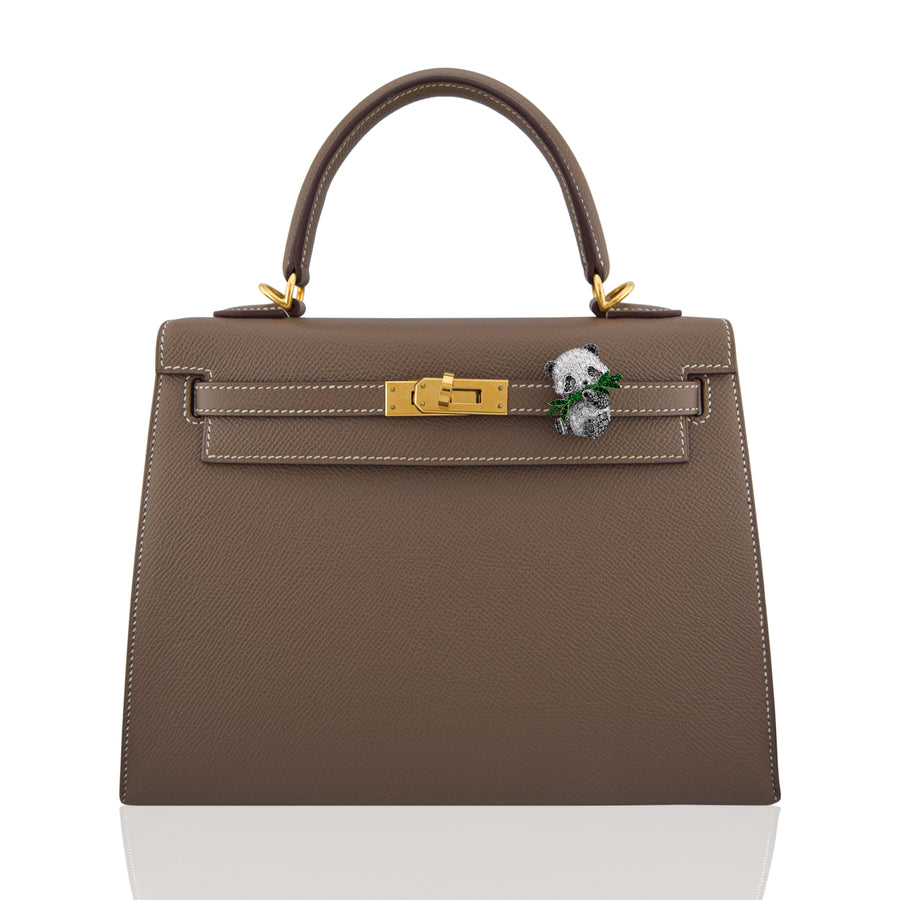 Brown handbag with a gold clasp and green brooch on a white background, collection-preview