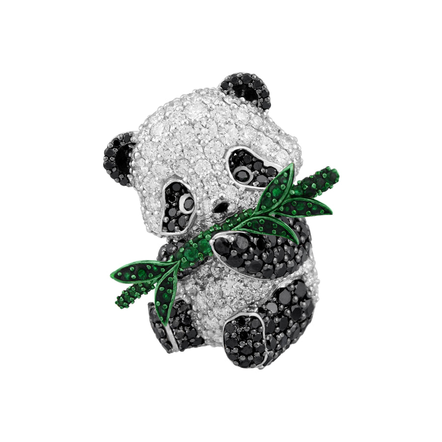 Panda-shaped jewelry with black and white gemstones on a white background