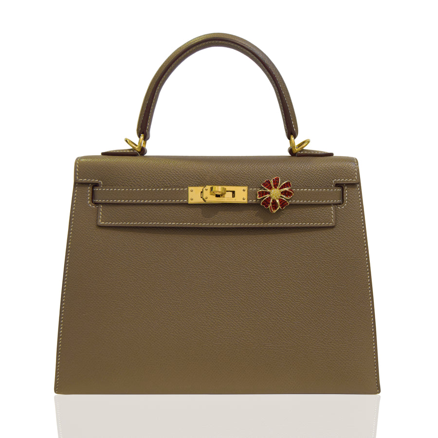 Brown handbag with gold clasp and red flower detail on a white background, collection-preview