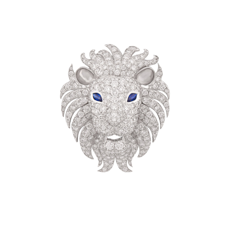Lion head jewelry piece with diamond details on a white background