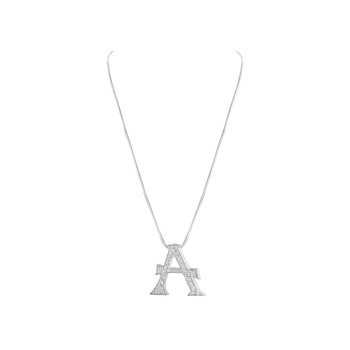 Silver necklace with a letter 'A' pendant on a white background