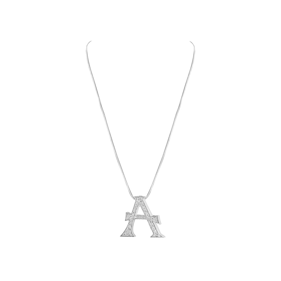 Silver necklace with a letter 'A' pendant on a white background
