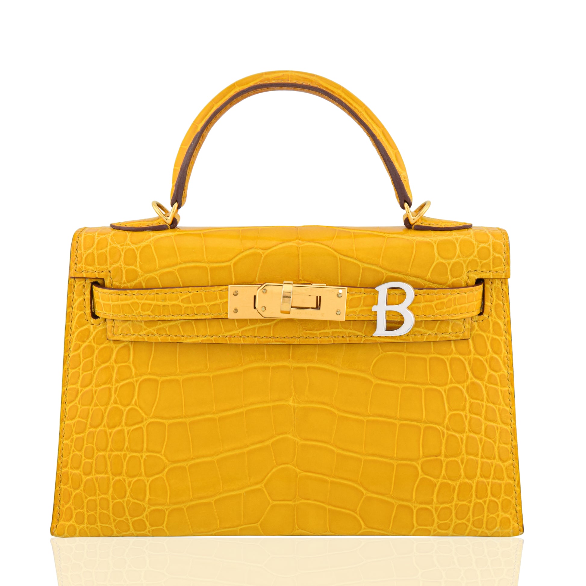 Yellow crocodile skin handbag with gold hardware on a white background, collection-preview