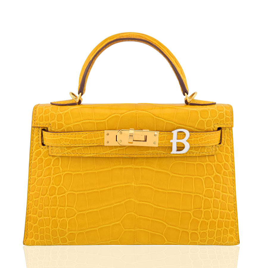 Yellow crocodile skin handbag with gold hardware on a white background, collection-preview