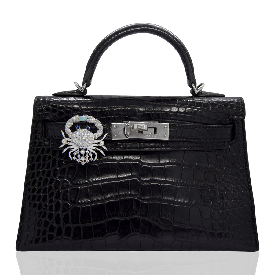 Black crocodile skin handbag with a silver clasp and brooch on a white background, collection-preview