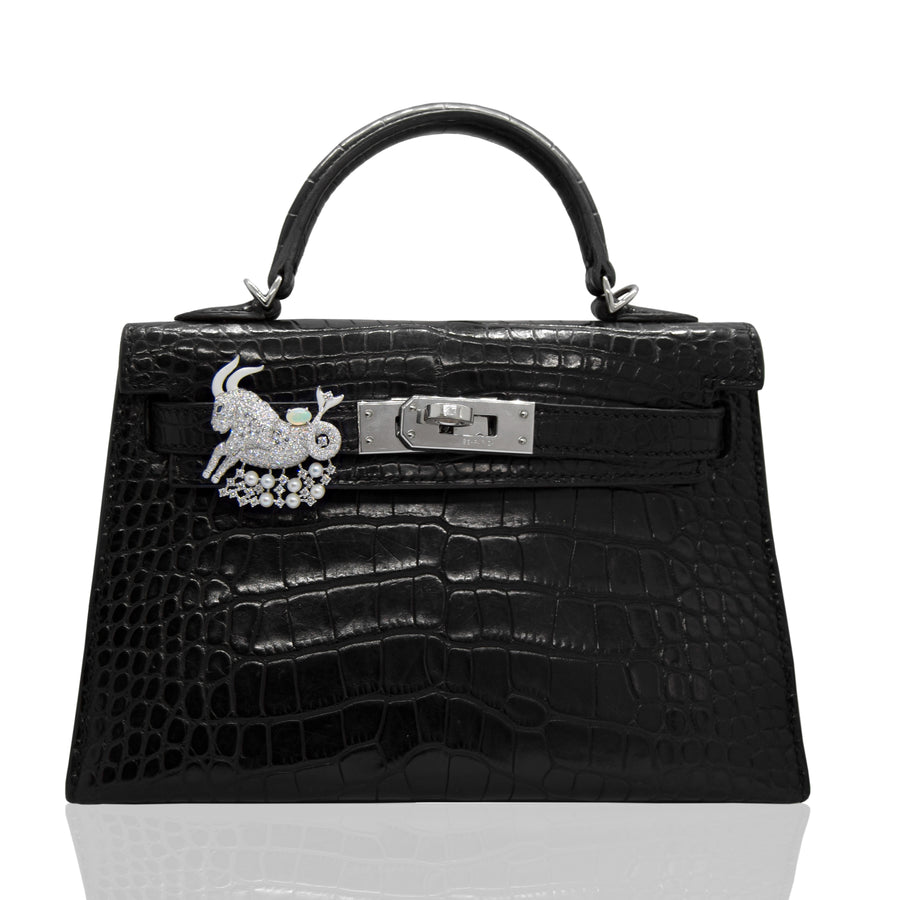 Black crocodile skin handbag with a decorative clasp on a white background, collection-preview