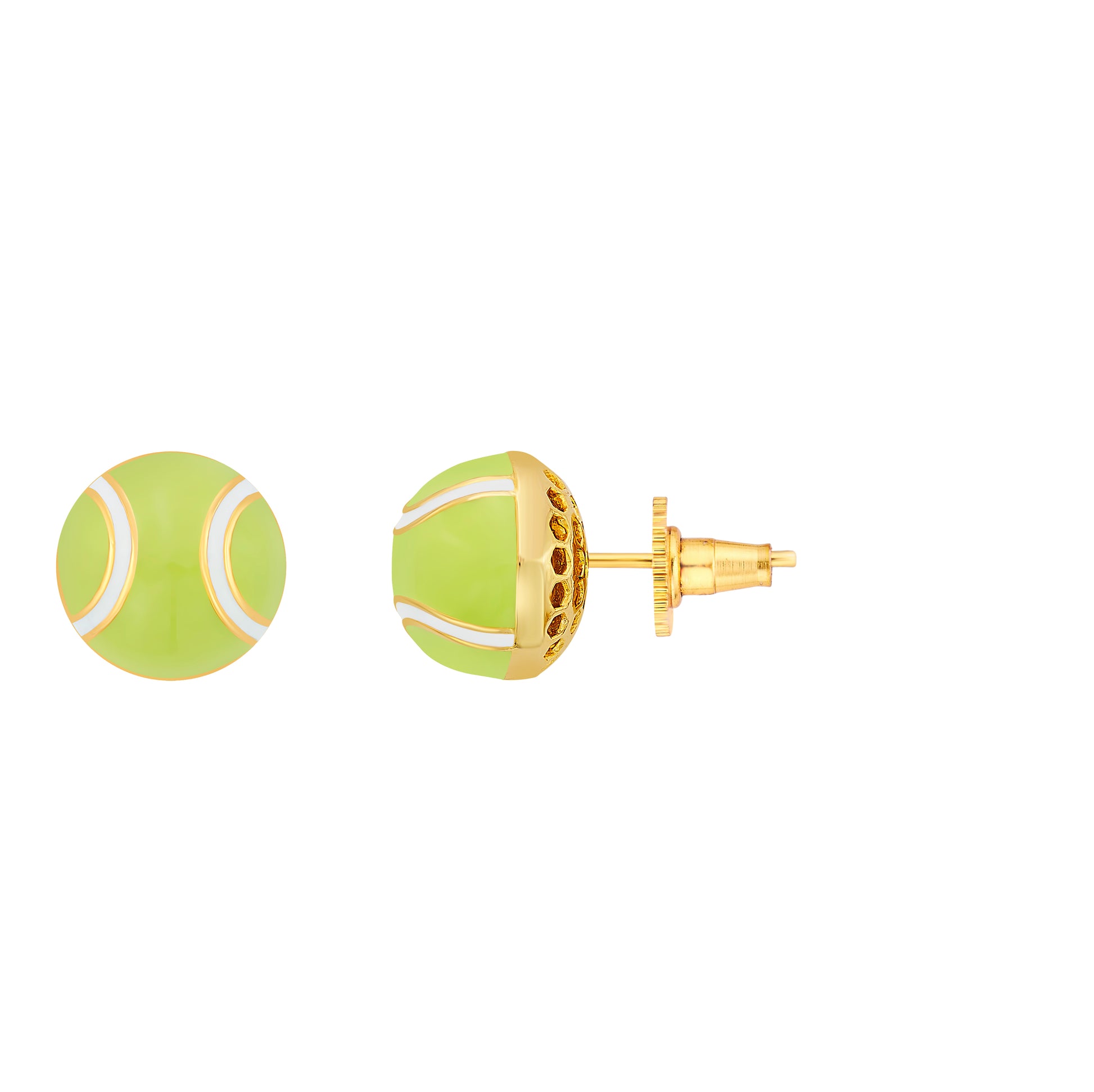 Tennis ball-shaped earrings with gold posts on a white background