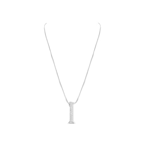 Silver necklace with a 'I' pendant on a white background