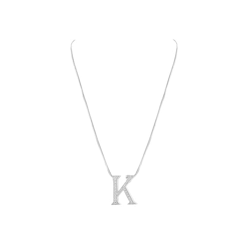 Silver necklace with a 'K' pendant on a white background