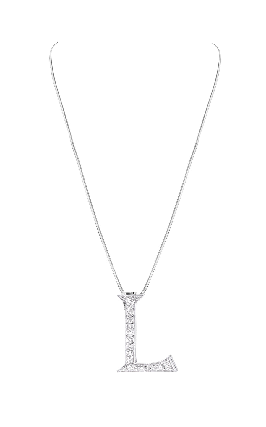 Silver necklace with a 'L' pendant on a white background