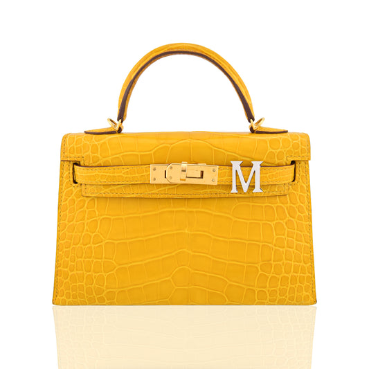 Yellow crocodile skin handbag with gold hardware on a white background, collection-preview
