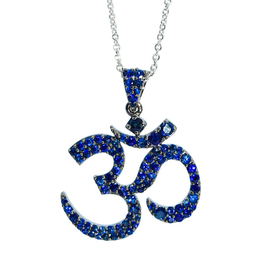 Ohm Necklace set in 18KT White Gold with Natural Blue Sapphires
