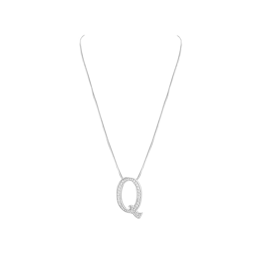 Silver necklace with a 'Q' pendant on a white background