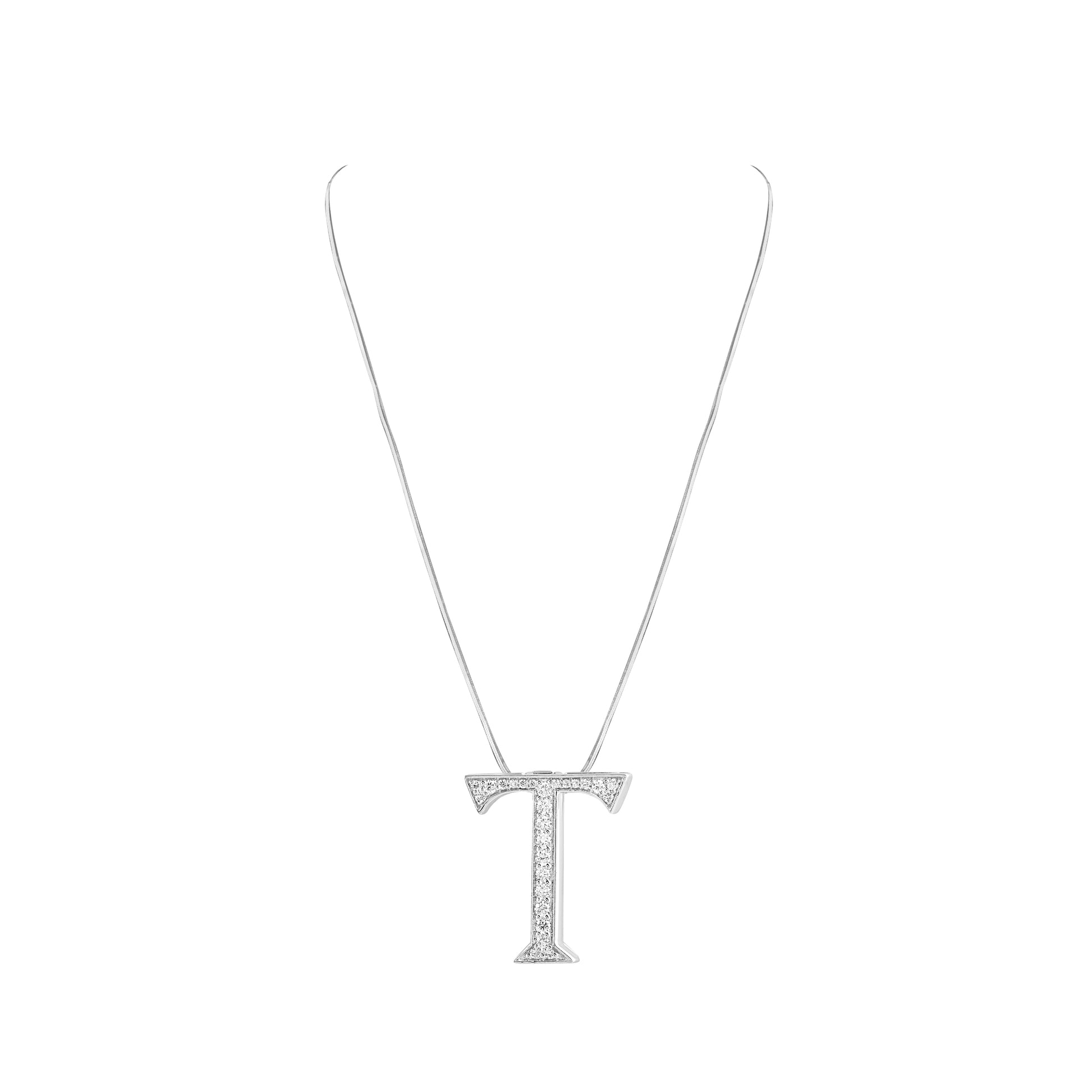 Necklace with a letter 'T' pendant on a white background