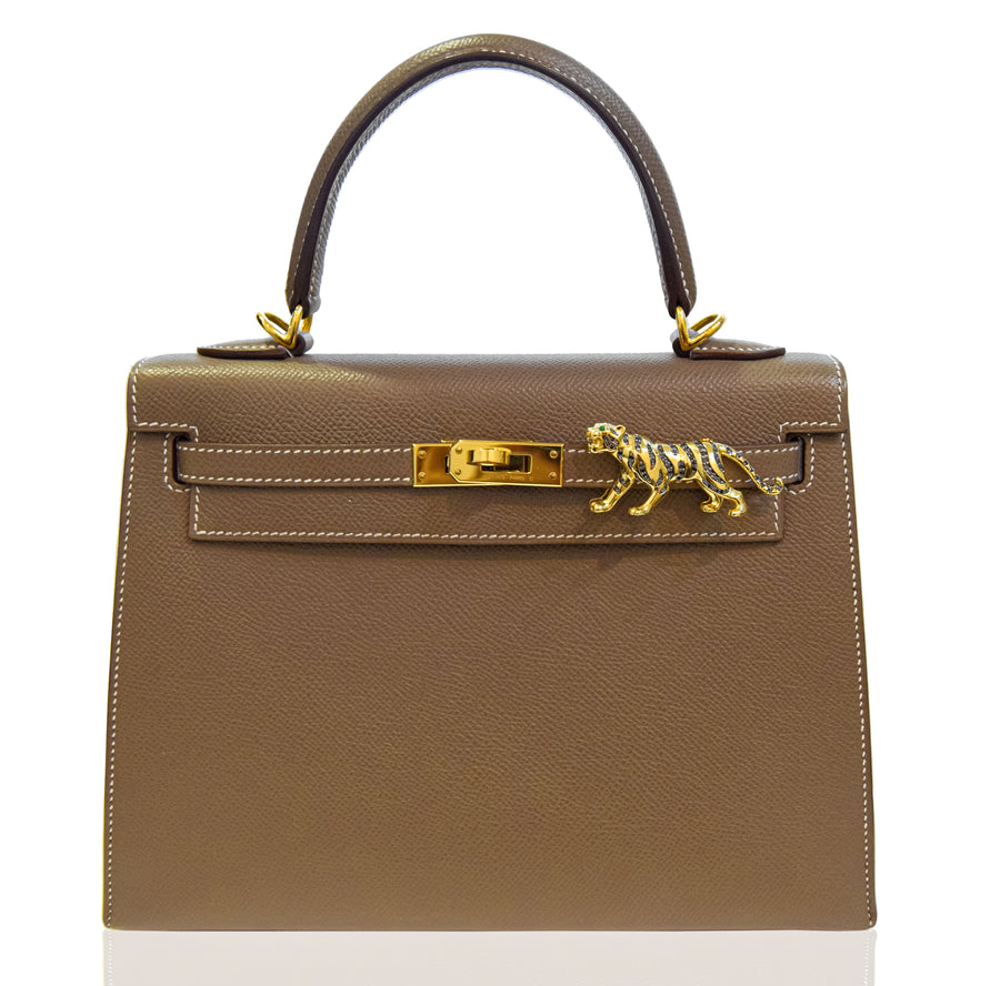 Brown handbag with gold hardware and tiger clasp on a white background, collection-preview