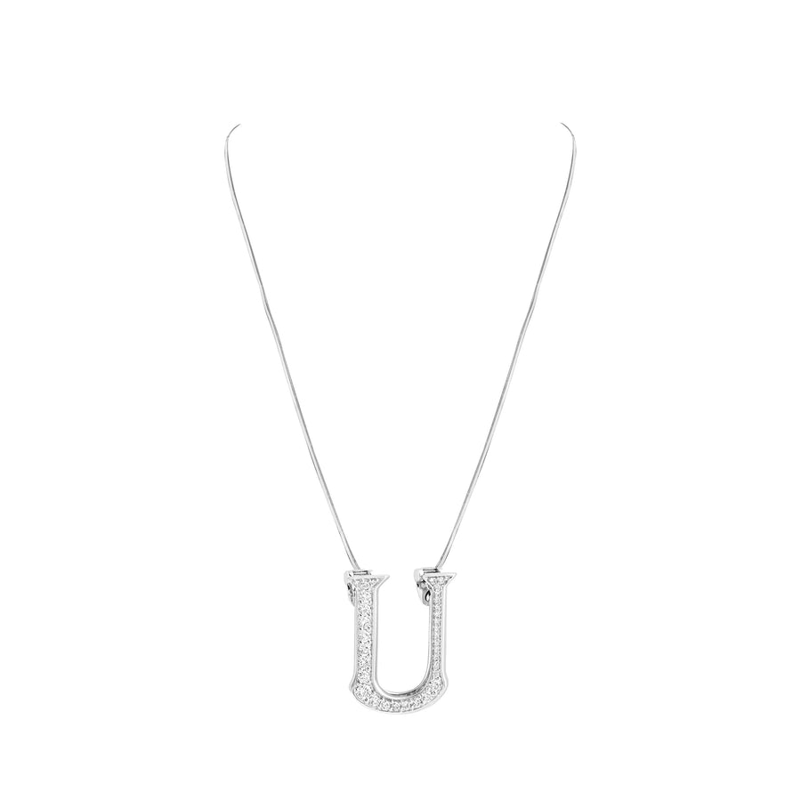 Silver necklace with a 'U' pendant on a white background
