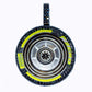 Close-up of a wheel hub with black and yellow accents on a white background