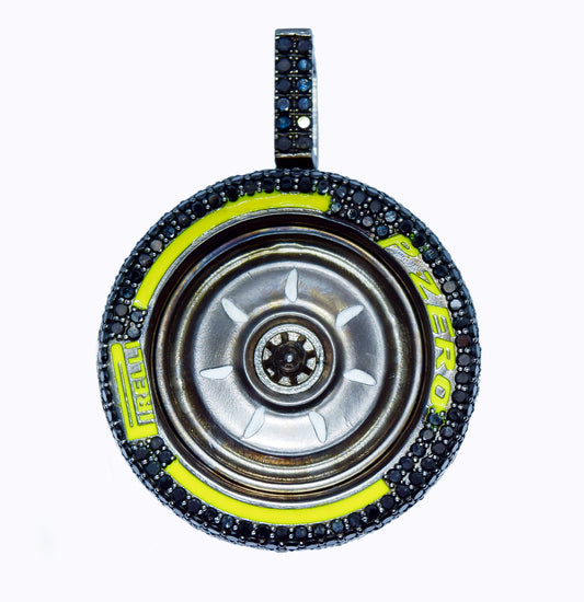 Close-up of a wheel hub with black and yellow accents on a white background