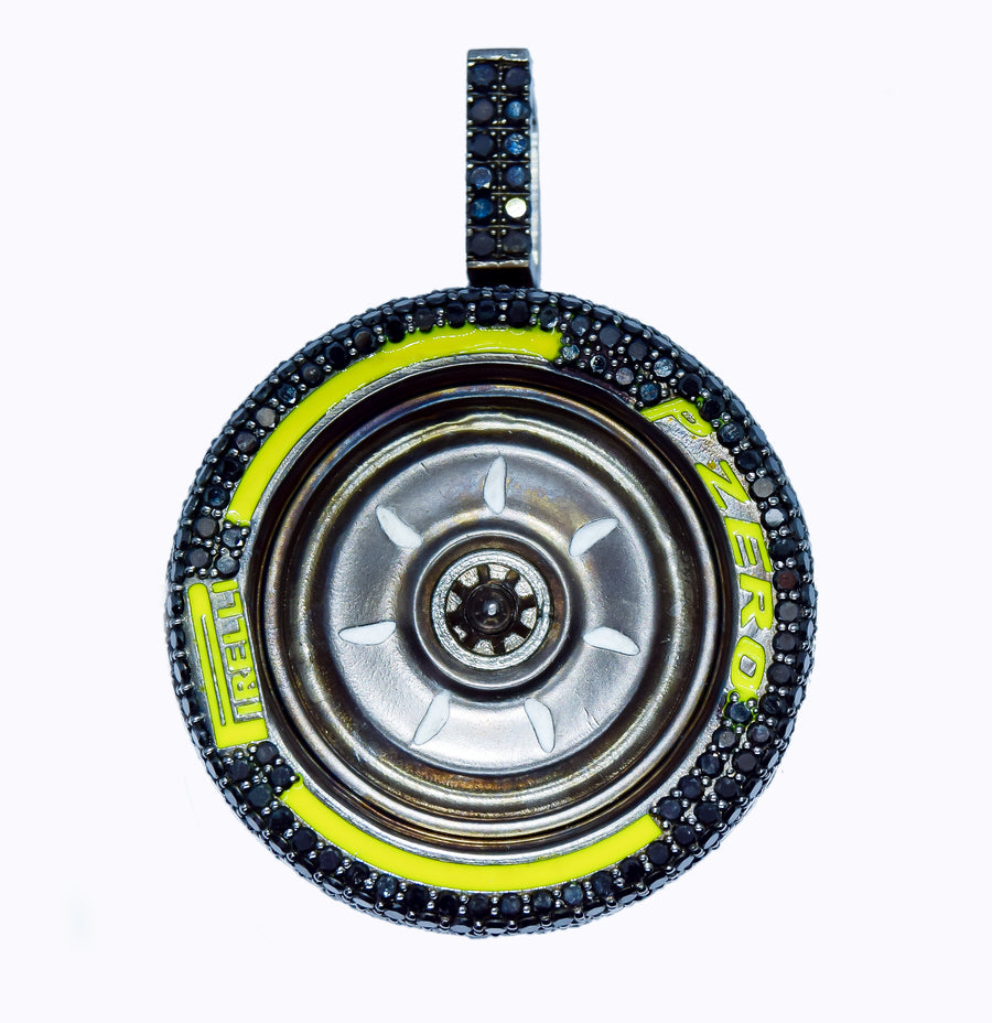 Close-up of a wheel hub with black and yellow accents on a white background